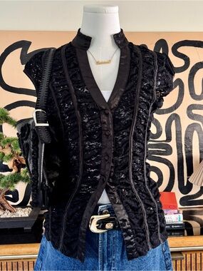 Y2K Black Lace Button Front Blouse Bebe Style Gothic Coquette Top
